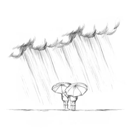 Illustration of two people in the rain with umbrellas from behindの写真素材