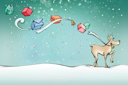 Illustration of a Reindeer on a walk with some flying gifts in the airの写真素材