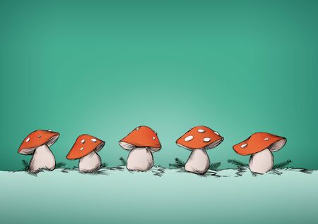 Illustration of some Fly agarics in a row in front of green backgroundの写真素材