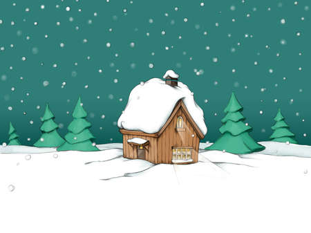 Snow covered, illuminated wooden hut in the snow at nightの写真素材