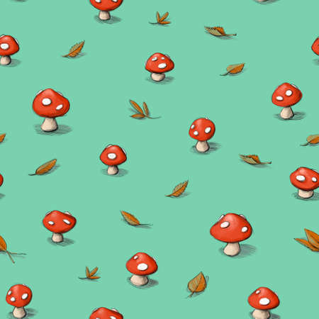illustration of a pattern with toadstools and autumn leavesの写真素材