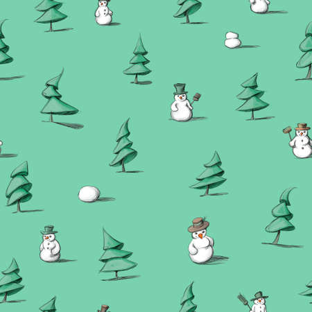 Illustration of a pattern with fir trees and snowmenの写真素材