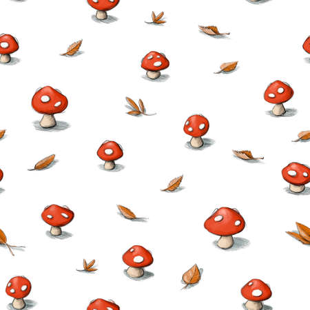 Illustration of a Pattern with toadstools and autumn leavesの写真素材