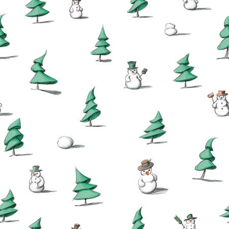 Illustration of a pattern with fir trees and snowmenの写真素材