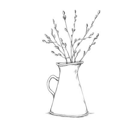 Illustration of a Simple jug with twigs with pussy willows on itの写真素材
