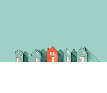 Illustration of a Row of houses at night with a red houseの写真素材
