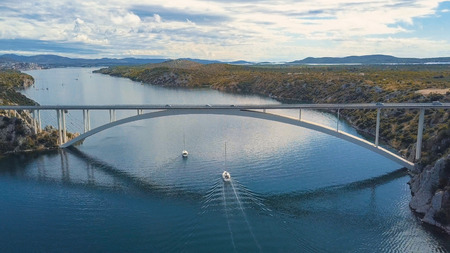 Aerial panorama view with bridge and sea around islands. Beautiful landscape surrounded with blue sea with bridge.の写真素材