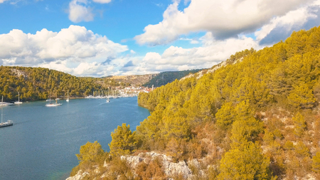 Aerial panorama view with bridge and sea around islands. Beautiful landscape surrounded with blue sea with bridge.の写真素材
