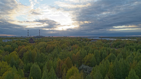 Beautiful, lush green forest with a clear blue sky in the background. The sky is filled with clouds, giving the scene a peaceful and serene atmosphere. Nizhny Novgorodの写真素材
