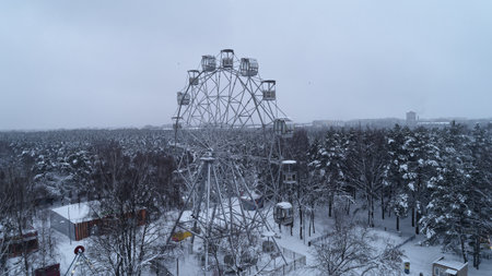 Snow covered Ferris wheel in the woods. The sky is cloudy and the trees are bare.の写真素材