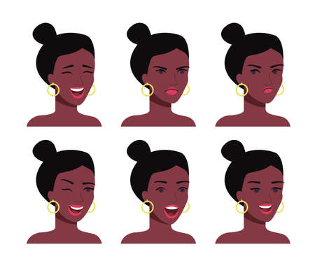 Set of afro american woman emotion. Vector flat style illustrationのイラスト素材