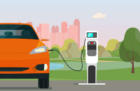 Electric car CUV in a city. Electric car is charging, front view. Vector flat style illustration.のイラスト素材