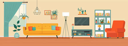 Living room interior. Comfortable sofa, TV,  window, chair and house plants. Vector flat illustrationのイラスト素材