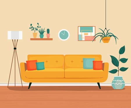 Furniture: sofa, bookcase, picture. Living room interior.Flat style vector illustrationのイラスト素材