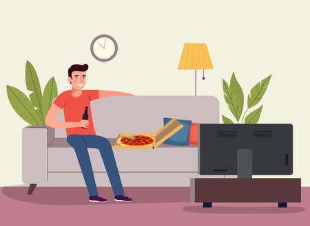 Man watching soccer on the TV with beer and pizza. Vector flat style illustrationのイラスト素材
