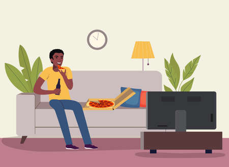 Afro american man watching soccer on the TV with beer and pizza. Vector flat style illustrationのイラスト素材