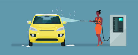 A afro woman washes a car in a self-service car wash. Vector illustration.のイラスト素材