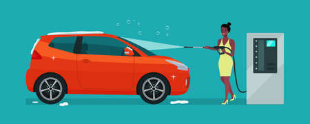 A afro woman washes a car in a self-service car wash. Vector illustration.のイラスト素材