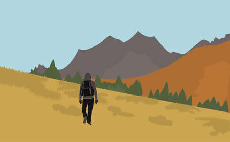 A man goes to the mountains. Vector illustration.のイラスト素材