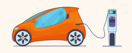 Compact electric car. Electric car is charging, side view. Vector flat illustrationのイラスト素材