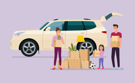 Man, woman and girl hold boxes. Moving house. SUV car with open door. Vector flat style illustrationのイラスト素材