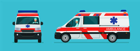 Ambulance van car two angle set. Car with driver man side view and front view. Vector flat style illustration.のイラスト素材