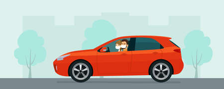 Hatchback car with a young man and woman in a medical mask driving on a background of abstract cityscape. Vector flat style illustration.のイラスト素材