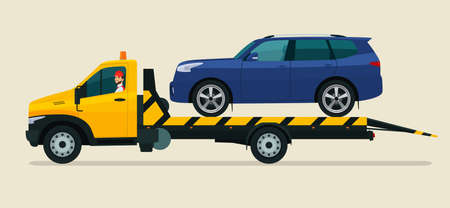 Tow truck with a driver carries a SUV car. Vector flat style illustration.のイラスト素材