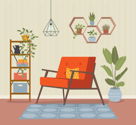 Comfortable chair and house plants. Vector flat style illustrationのイラスト素材