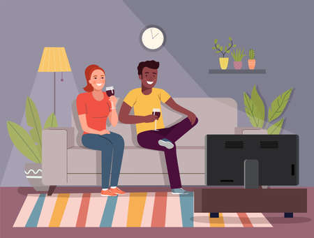 Young woman and afro american man sitting on sofa, watching TV and drinking a glass of red wine in their living room. Vector flat style illustrationのイラスト素材