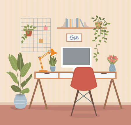 Workplace with computer, mood board and lamp. Houseplants and books on the shelf. Vector flat illustrationのイラスト素材