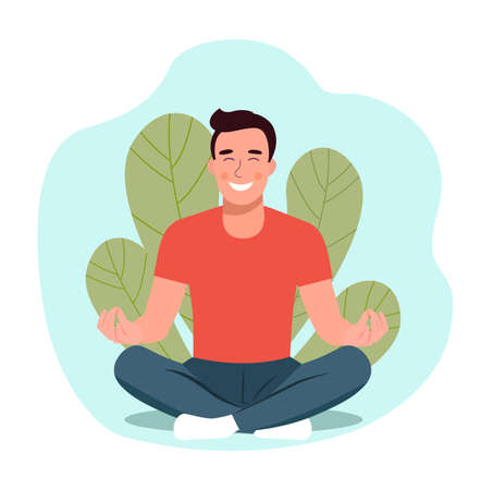Young man doing yoga. Man relaxing in the lotus position.のイラスト素材