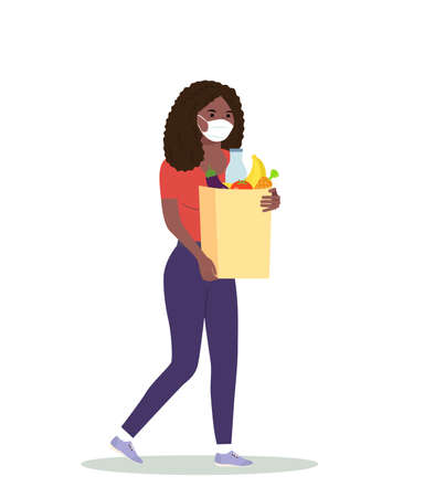 woman with face mask holding grocery bags.のイラスト素材
