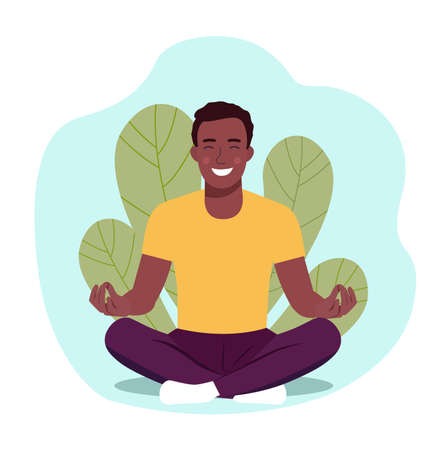 Young man doing yoga. Man relaxing in the lotus position.のイラスト素材