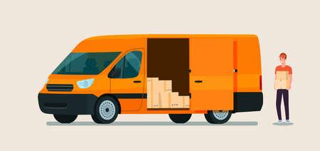 Man loads boxes in a cargo van car flat style illustration.のイラスト素材