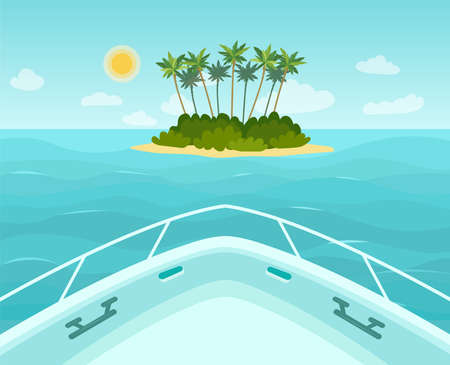 The boat approaches a tropical island in the sea. View from the bow of the boat. Vector flat style illustration.のイラスト素材