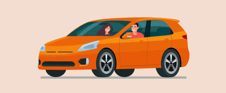 Car CUV with young man and woman inside. Vector flat style illustration.のイラスト素材