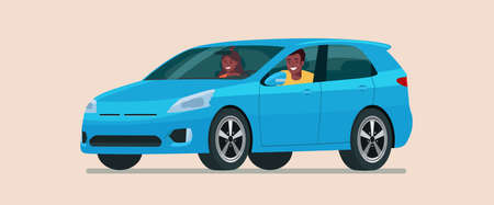 Car CUV with young afro man and woman inside. Vector flat style illustration.のイラスト素材
