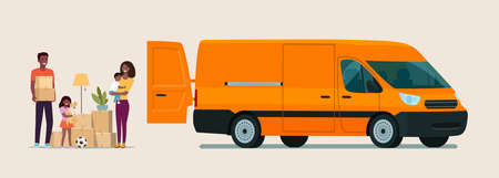 Afro american man, woman and girl hold boxes. Moving house. Cargo van with open door. Vector flat style illustration.のイラスト素材