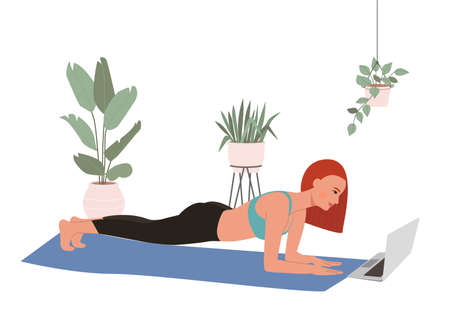 Young woman in sportwear doing planking exercise isolated. Vector flat style illustrationのイラスト素材