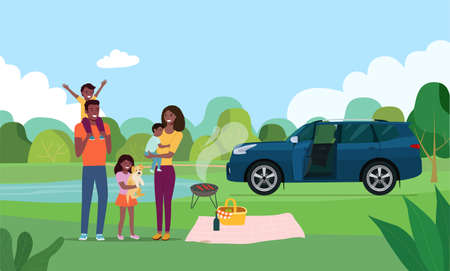 Happy afro american family having picnic in the forest. Vector flat illustration.のイラスト素材