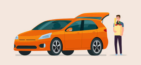 Young man carry grocery bags in car. Vector flat illustration.のイラスト素材