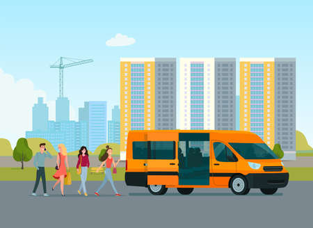 Passengers board a passenger van car against the backdrop of a modern cityscape. Vector flat style...