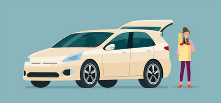 Young woman carry grocery bags in car. Vector flat illustration.のイラスト素材