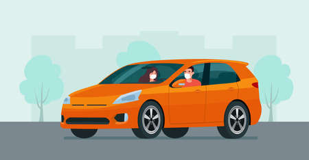 CUV car with a young man and woman in a medical mask driving on a background of abstract cityscape. Vector flat style illustration.のイラスト素材