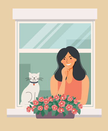 Girl looking out window with flowers. Vector flat illustrationのイラスト素材