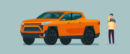 Young man carry grocery bags in pickup car. Vector flat illustration.のイラスト素材