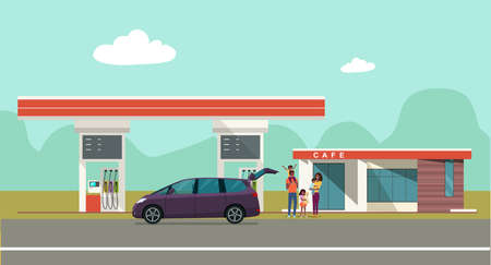 Gas station on the background of the countryside landscape and a car with african family. Vector flat style illustration.のイラスト素材