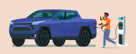 Afro american man carry grocery bags in electric pickup car. Electric car is charging. Vector flat illustration.のイラスト素材