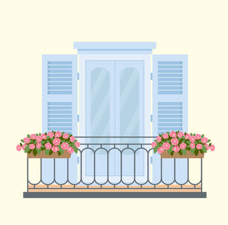 Facade of the vintage house with balconies and flowers. Vector flat illustrationのイラスト素材